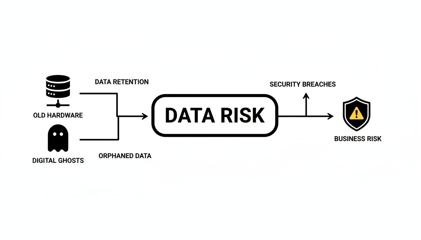 Flowchart illustrating how old hardware and digital ghosts lead to data risk through retention and orphaned data, resulting in security breaches and business risk.