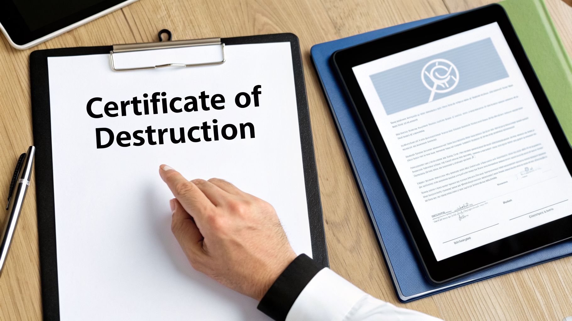 A person points to a 'Certificate of Destruction' document on a clipboard next to a tablet.