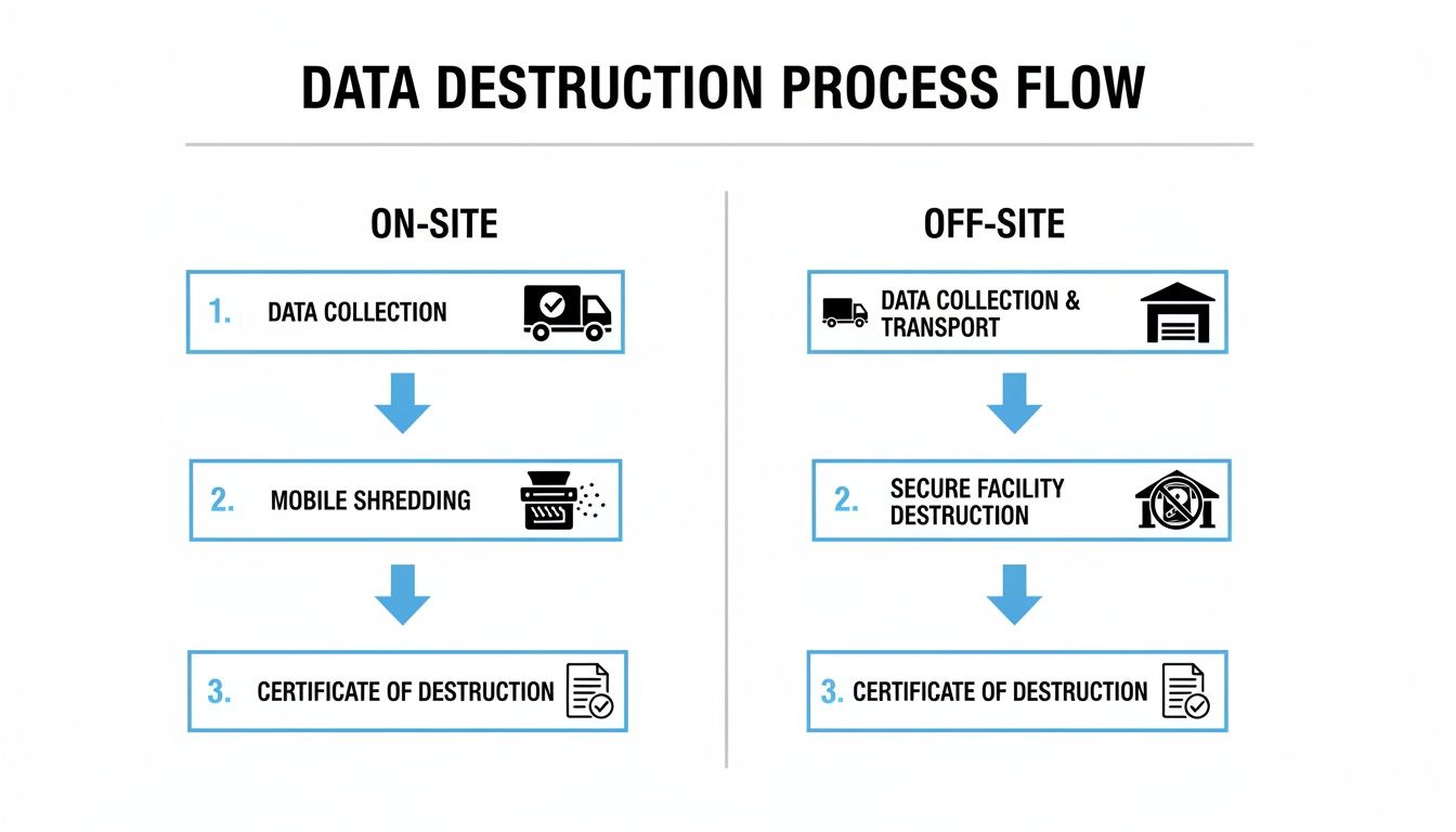 Flowchart illustrating on-site and off-site data destruction processes with steps for collection, shredding, and certification.