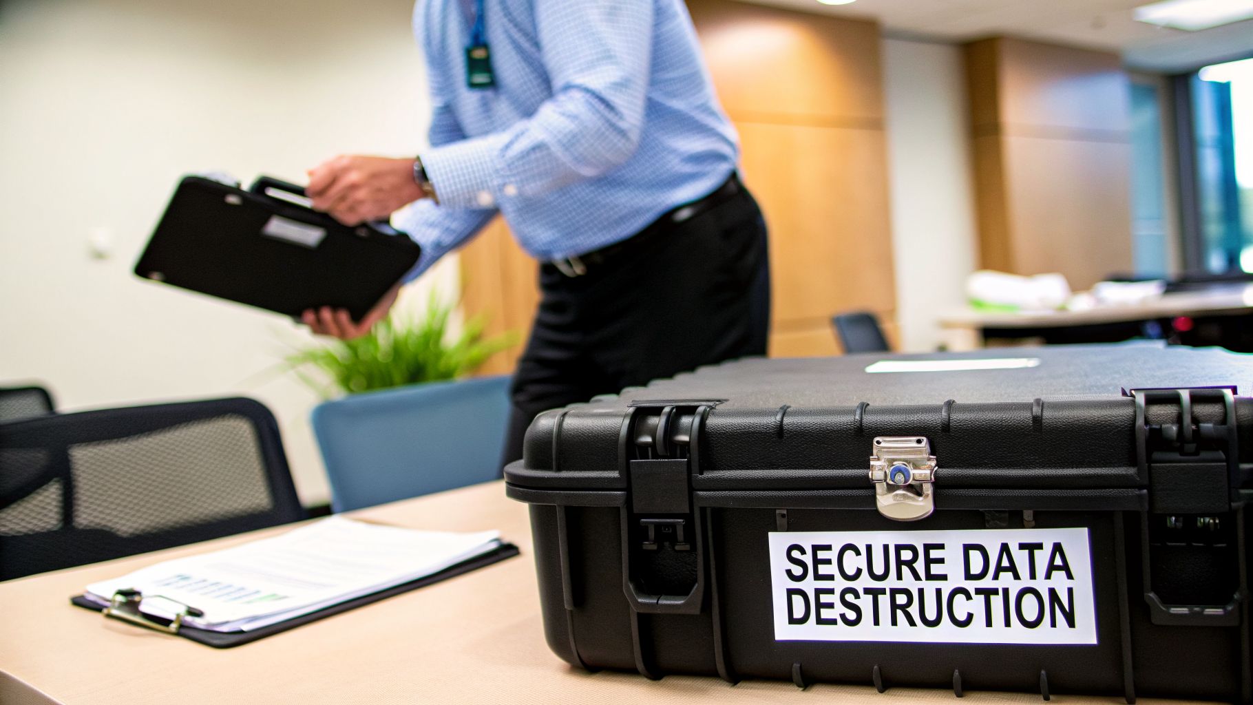 A professional setting with a black case labeled "SECURE DATA DESTRUCTION" on a desk, a person handling documents.