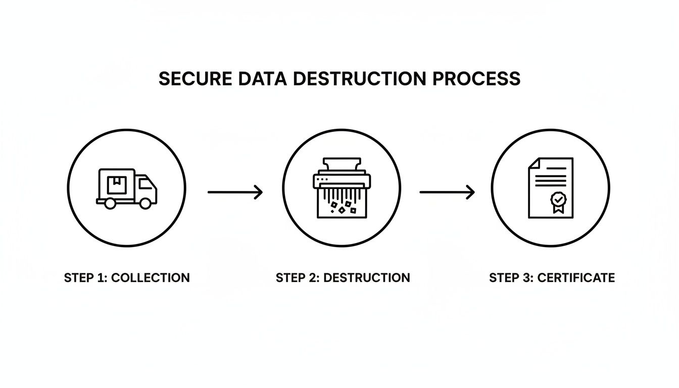 A three-step infographic illustrating the secure data destruction process: collection, destruction, and certification.