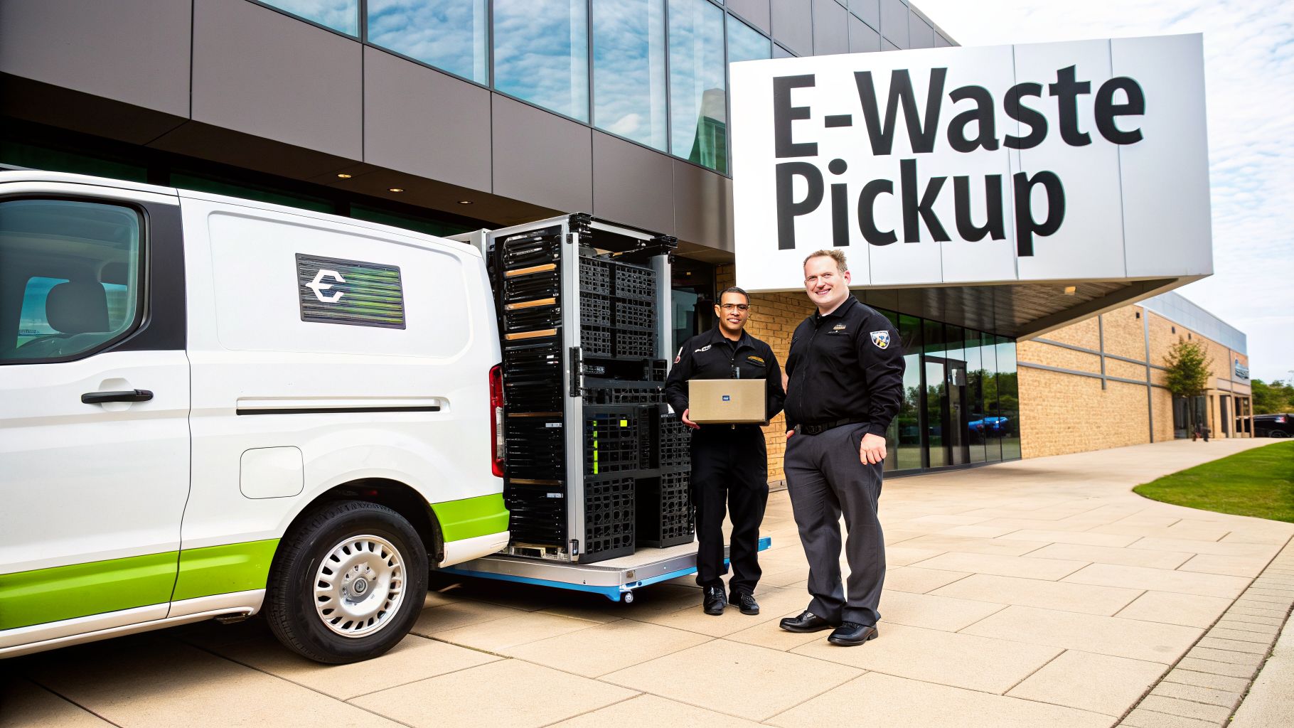 Two men stand beside a white e-waste pickup van with a rack system outside a modern building.