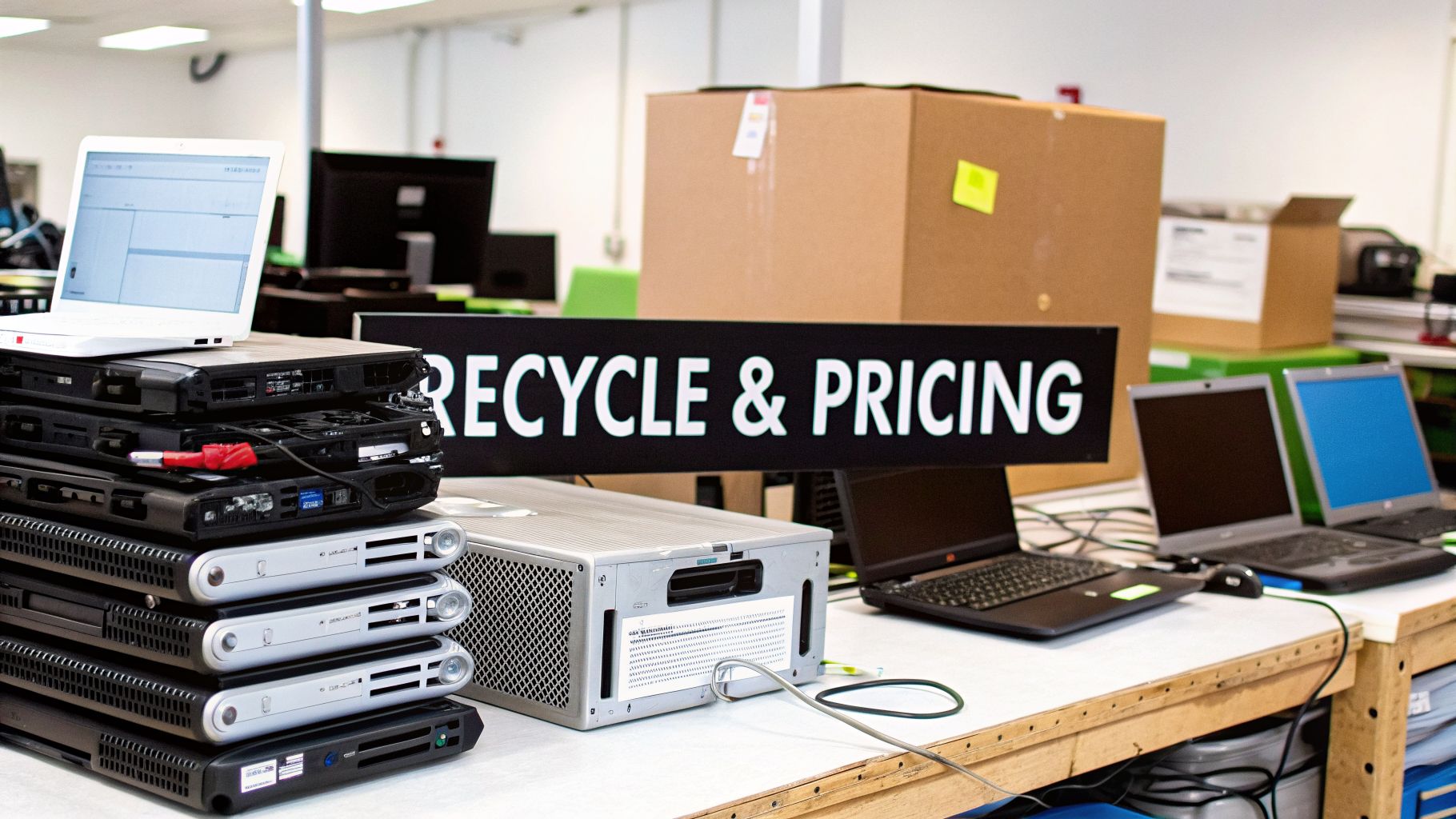 A table filled with old electronic devices, including stacked laptops and servers, with a 'RECYCLE & PRICING' sign.