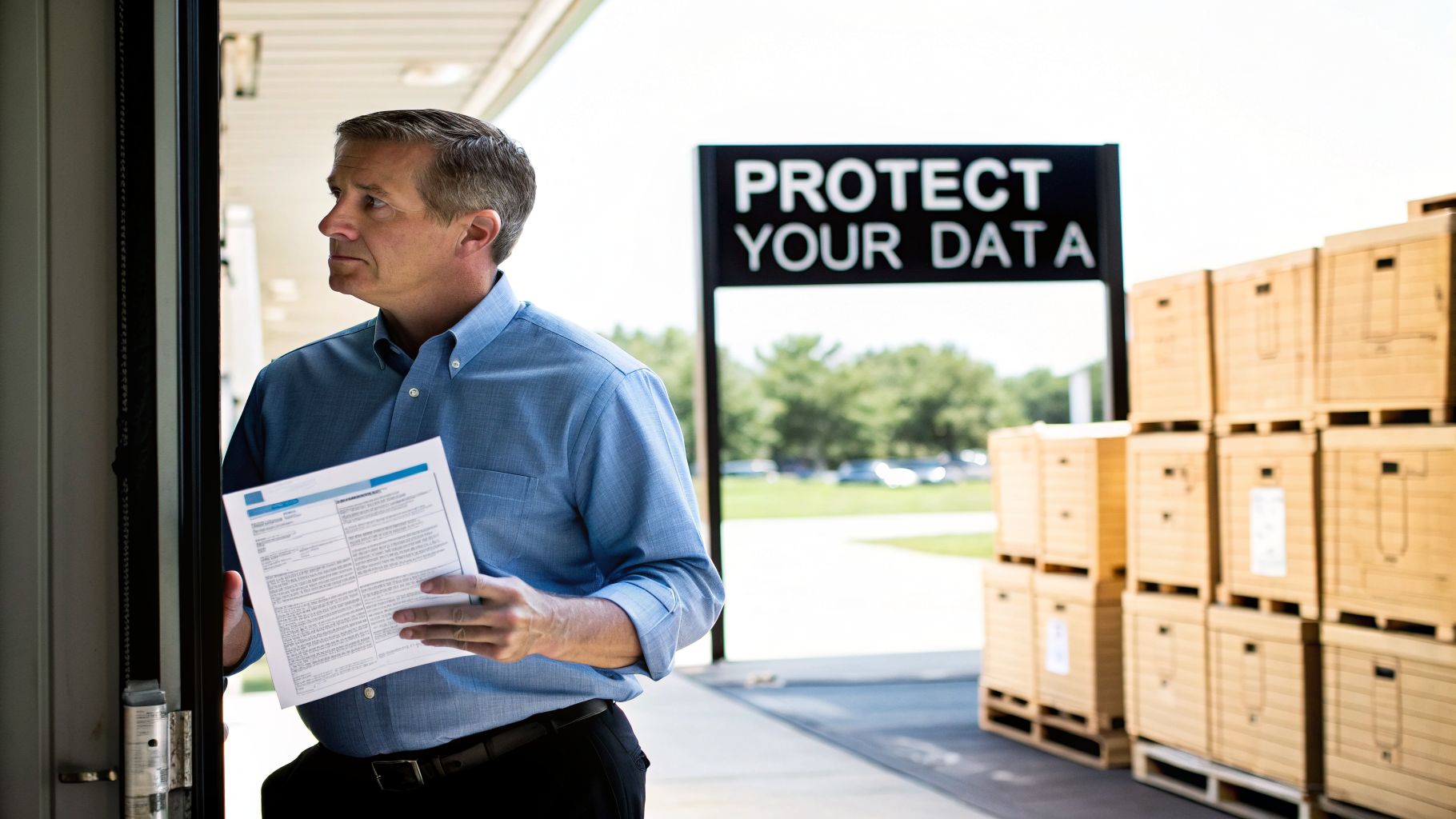 A man holding documents stands near a 'PROTECT YOUR DATA' sign with secure storage boxes.