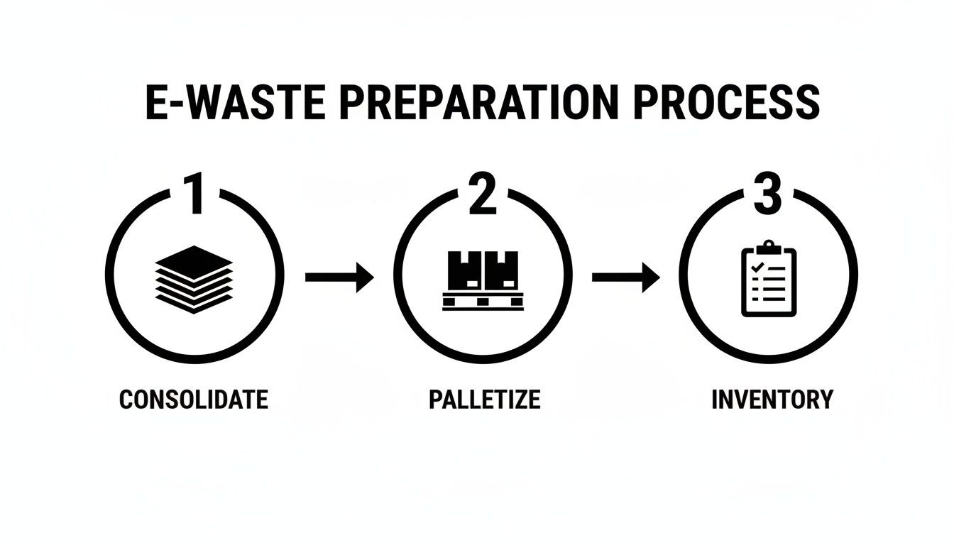A flowchart illustrating the 3-step e-waste preparation process: consolidate, palletize, inventory.
