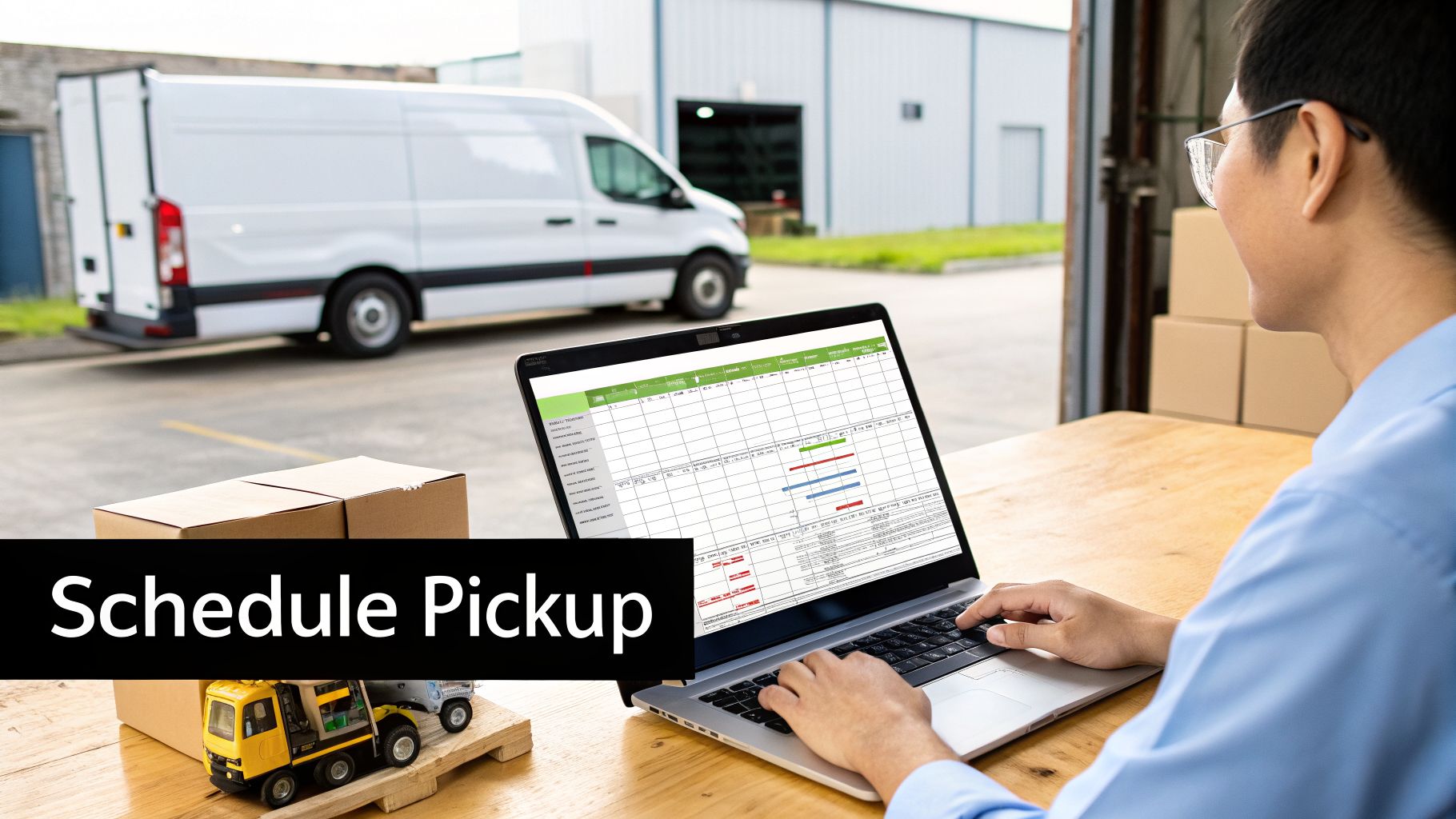 A man using a laptop to schedule a pickup, with a delivery van and boxes.