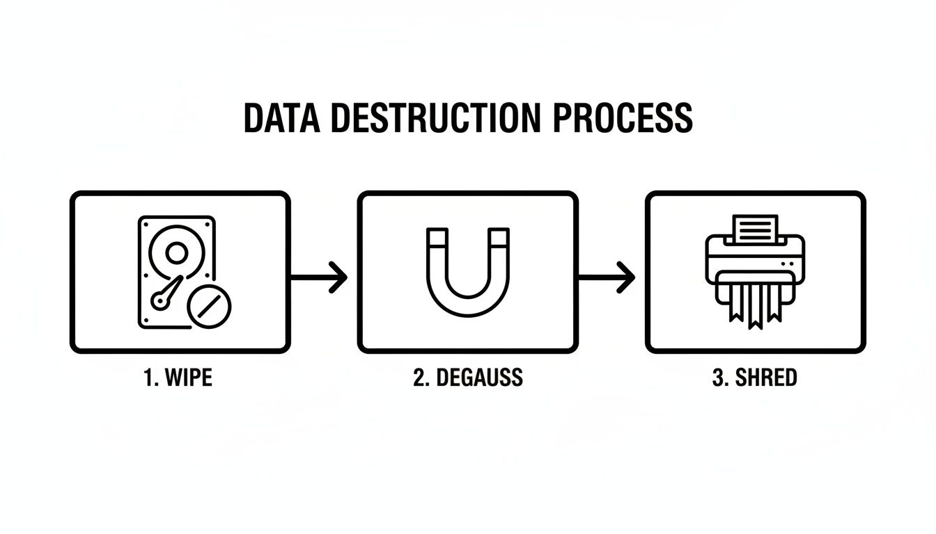 An infographic showing the three steps of data destruction: wipe, degauss, and shred.