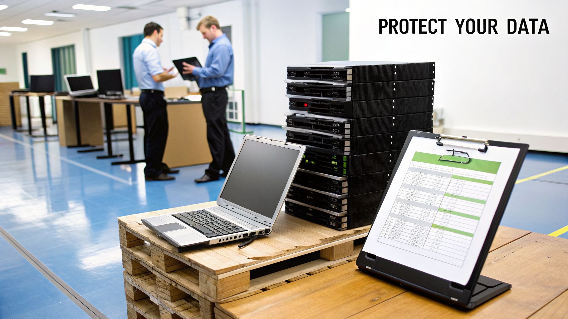 Two IT professionals in a server room with laptops and a data sheet, focused on data protection.