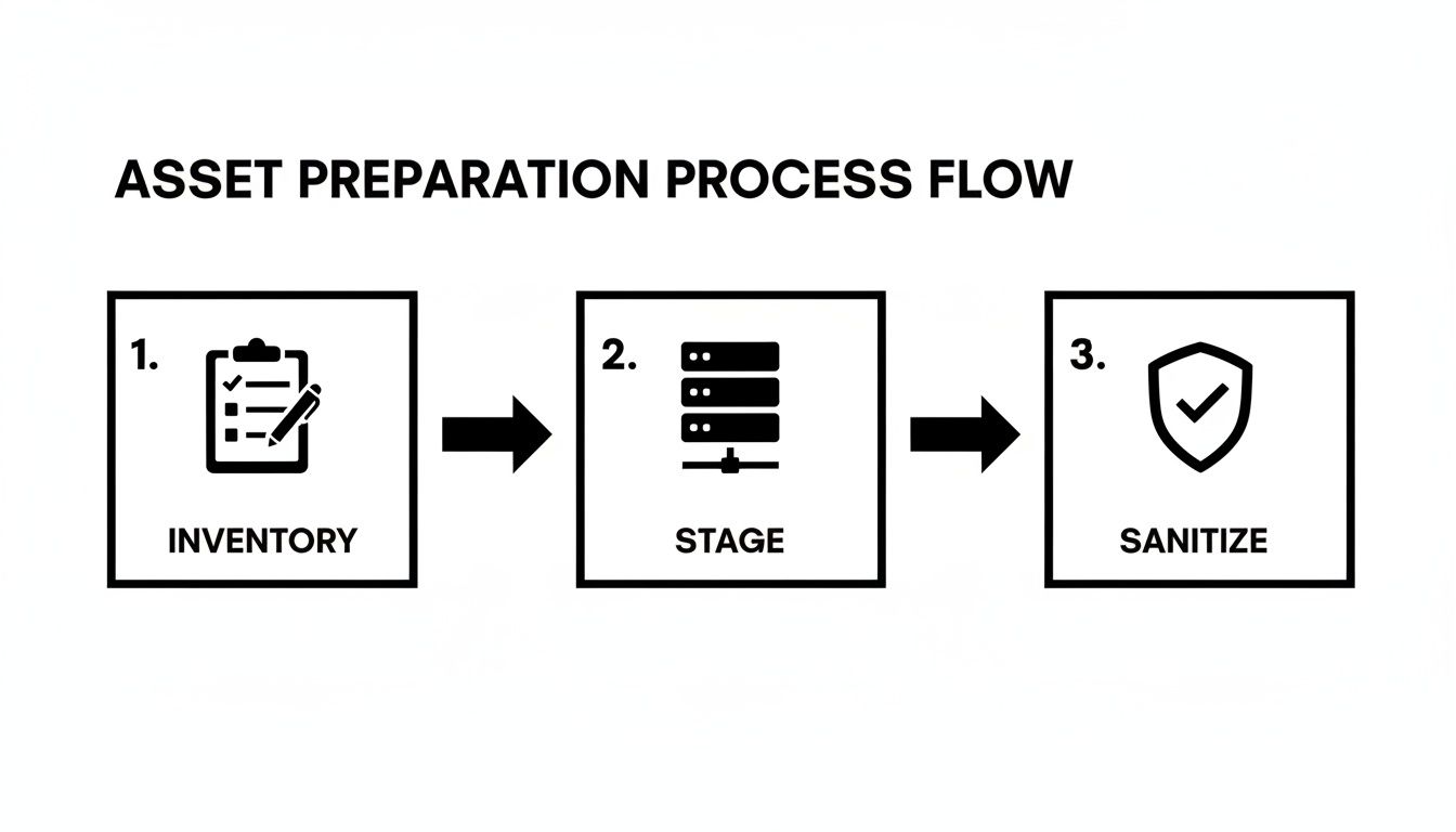 A process flow diagram illustrating asset preparation steps: inventory, stage, and sanitize.