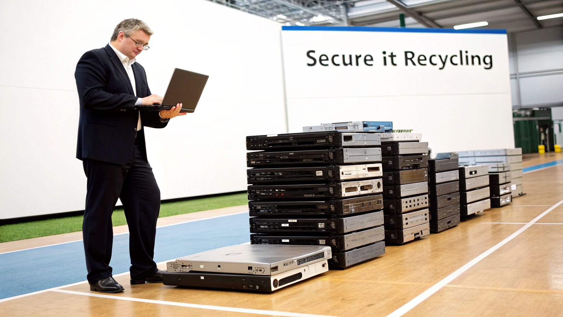 A man in a suit uses a laptop amidst large stacks of electronic equipment for secure recycling.