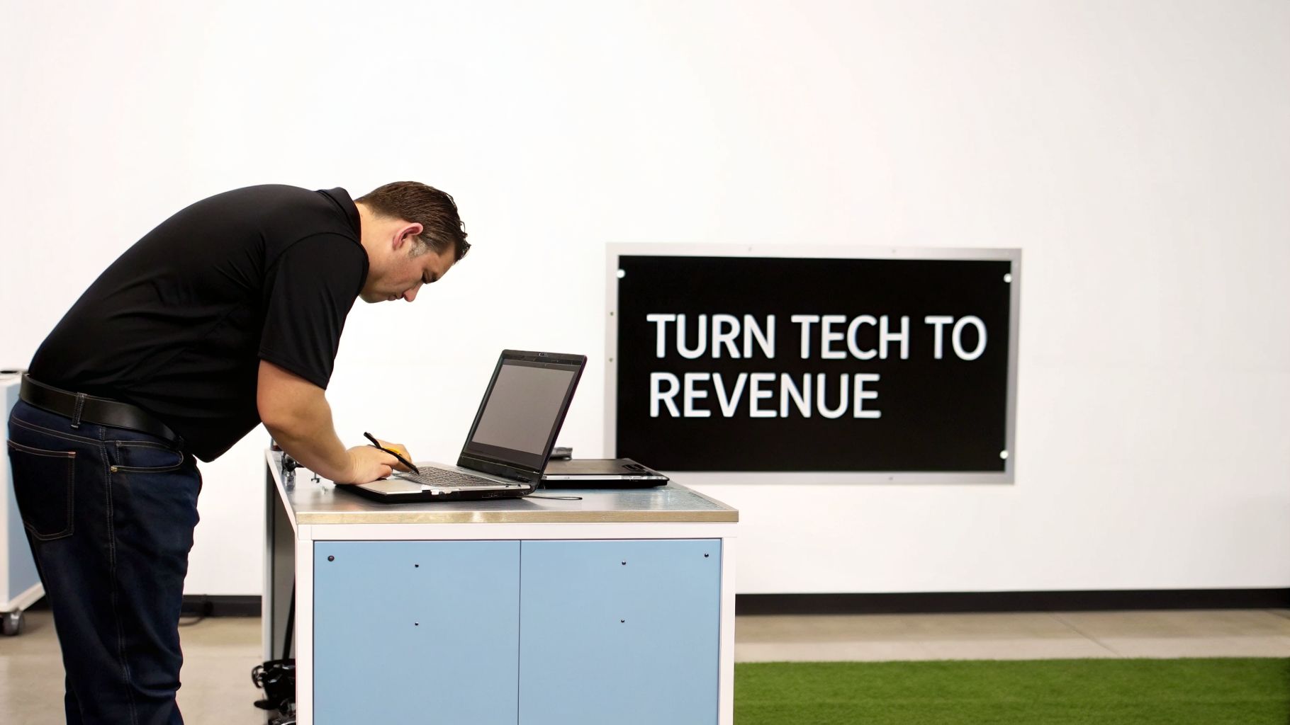 A man in a black shirt leans over a light blue desk, using a laptop, with a 'TURN TECH TO REVENUE' sign on the wall.