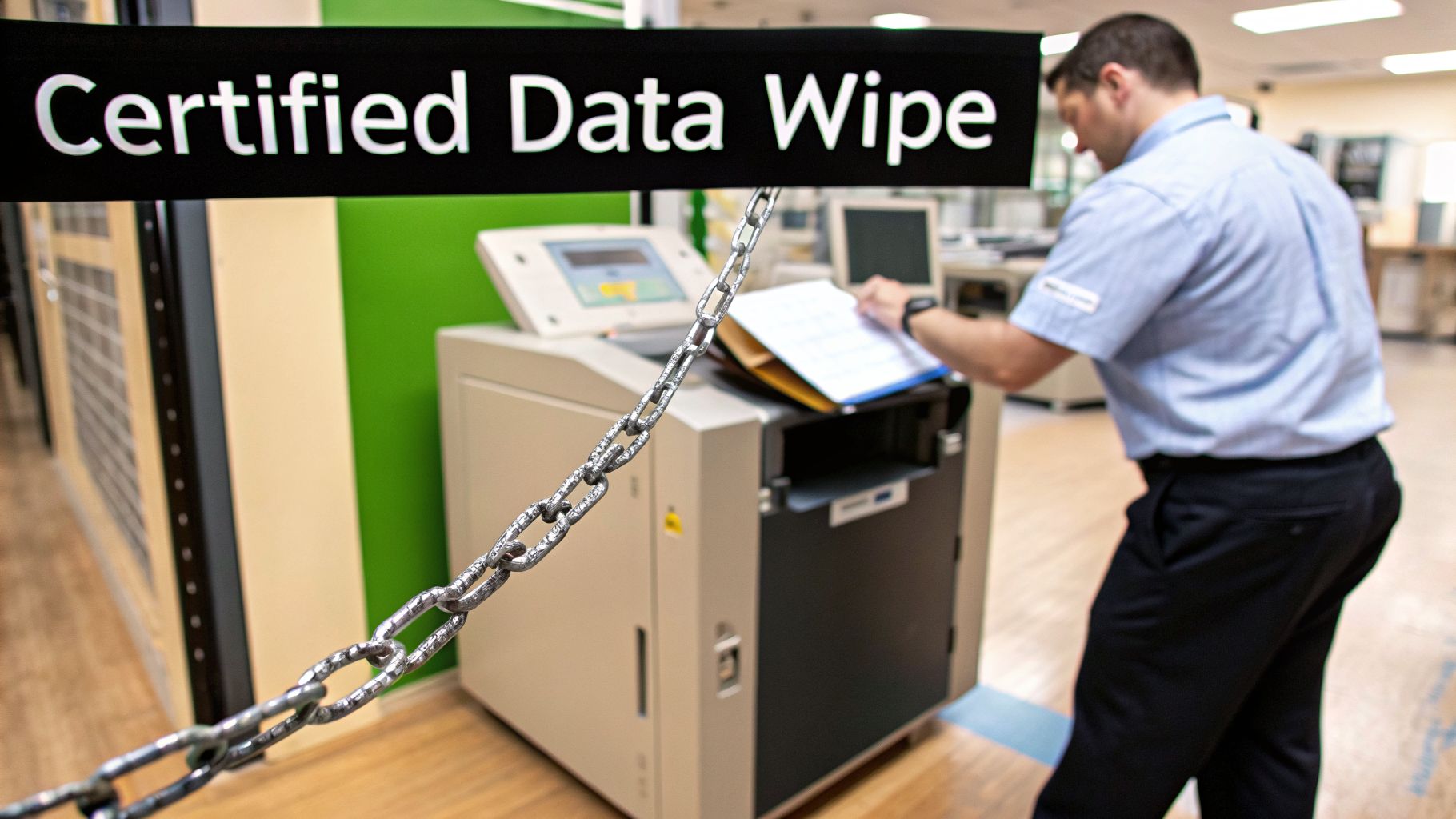 A man performs a certified data wipe on an electronics recycling machine, holding a clipboard.