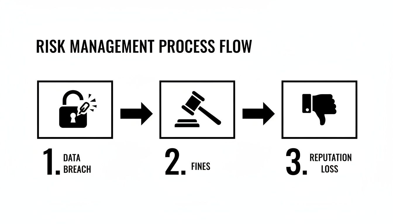 A risk management process flow illustrating a data breach leading to fines and reputation loss.