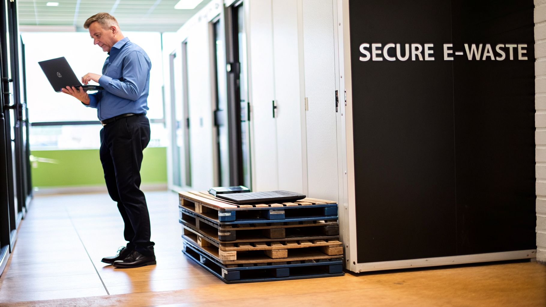 A man in a server room inspecting a laptop near a "SECURE E-WASTE" sign.