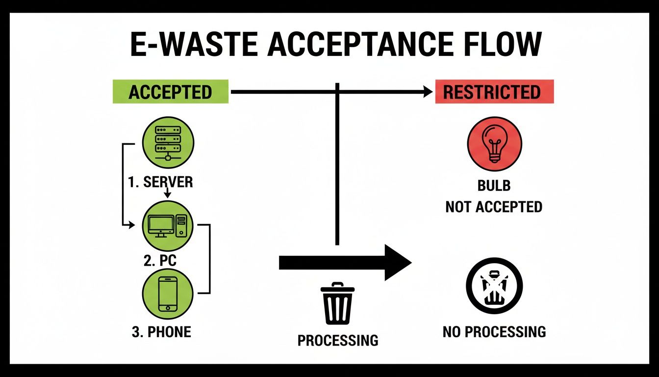 Flowchart showing e-waste acceptance: servers, PCs, phones are accepted for processing; bulbs are restricted, no processing.