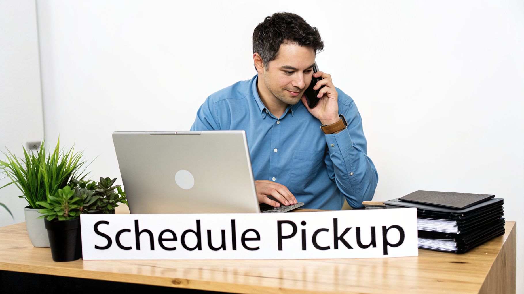 A man at a desk talks on the phone while using a laptop, next to a 'Schedule Pickup' sign.