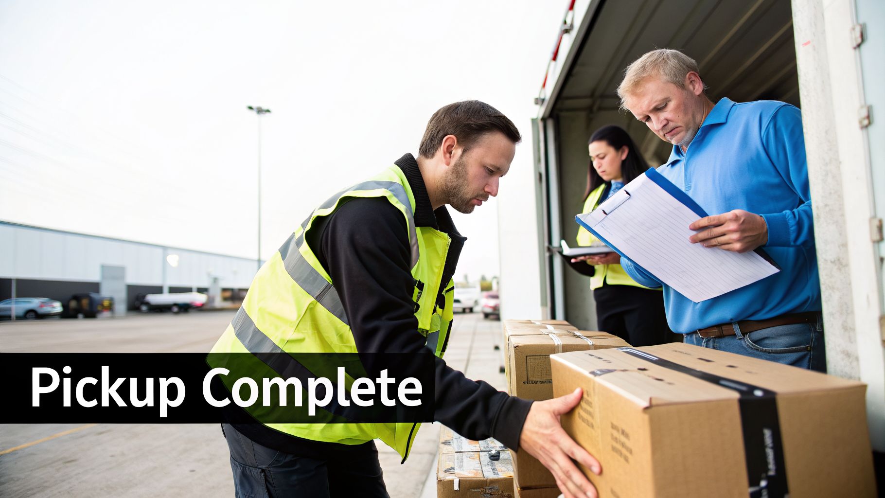 Workers loading boxes onto a truck while checking a manifest, indicating a complete pickup operation.