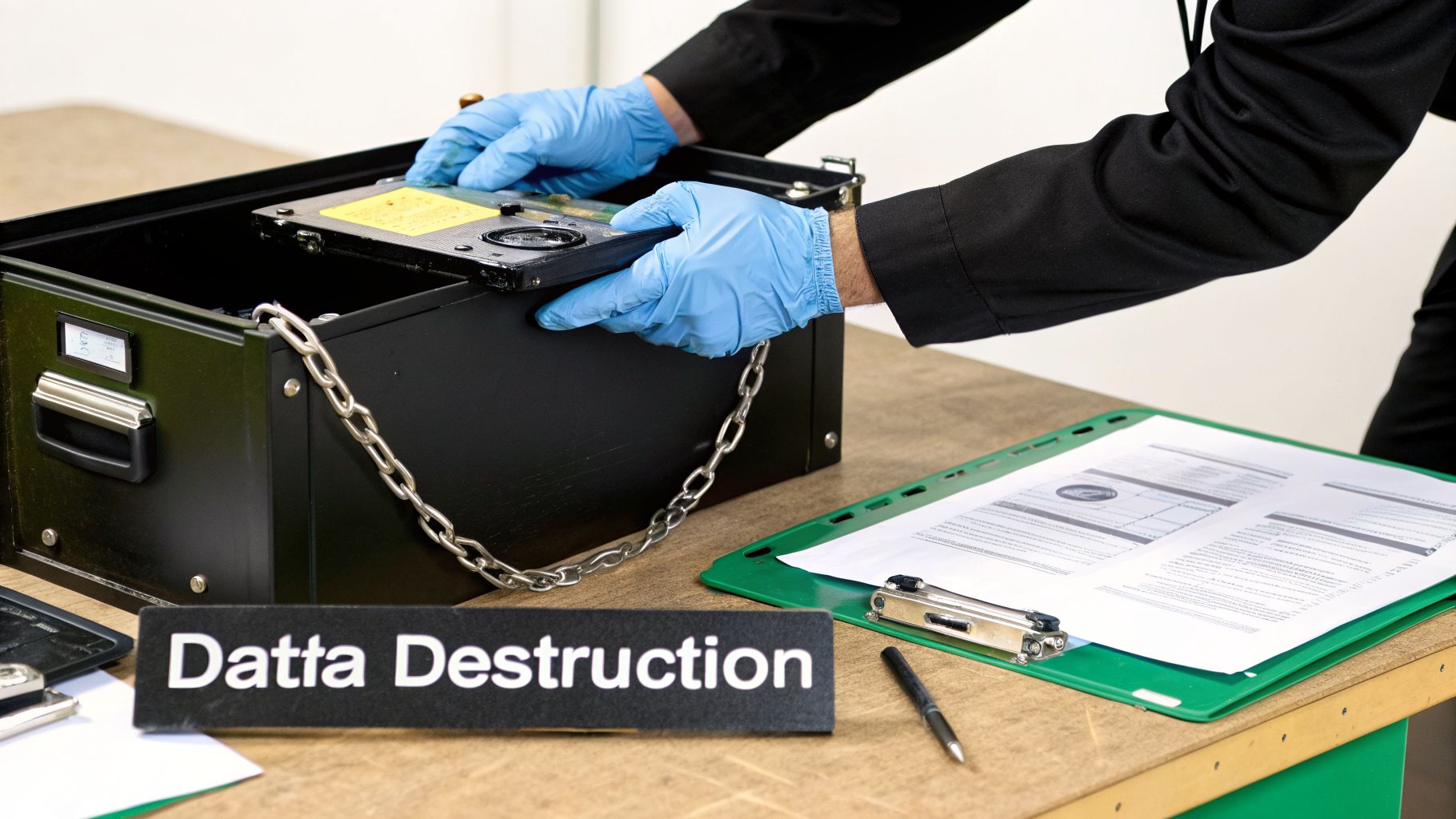 A gloved technician placing a hard drive into a secure data destruction box on a wooden table.