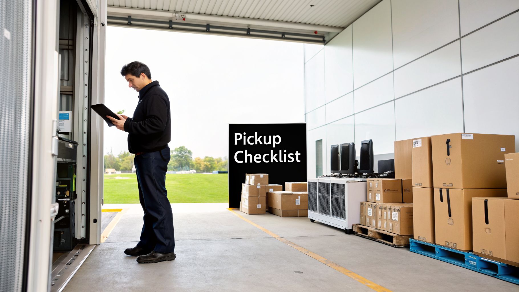 Man with tablet checking a pickup checklist next to boxes and electronics for recycling.