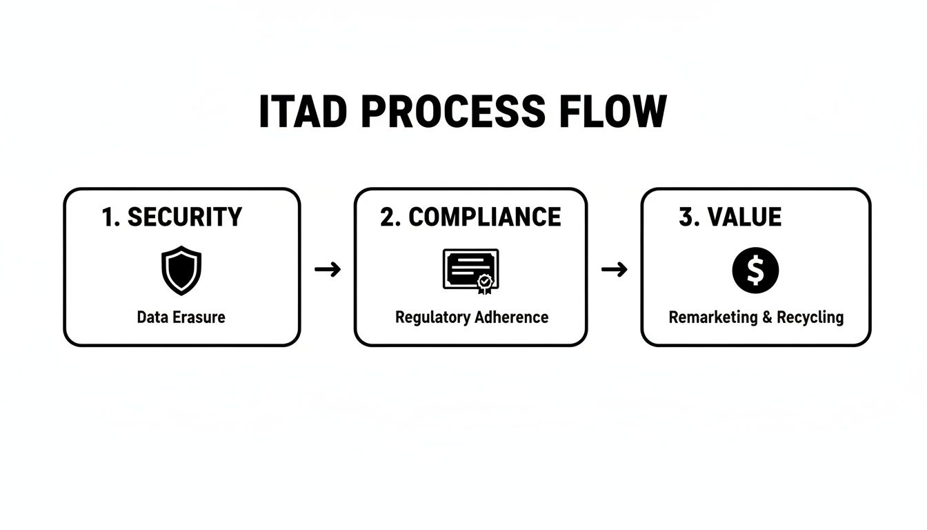 ITAD process flow diagram showing security (data erasure), compliance (regulatory adherence), and value (remarketing & recycling).