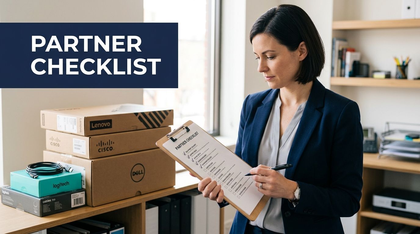 A professional woman reviews a partner checklist amidst stacked electronics boxes in an office.