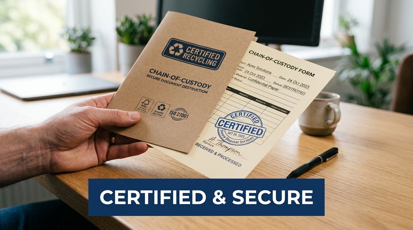 A hand holds certified recycling documents for secure confidential paper destruction services.
