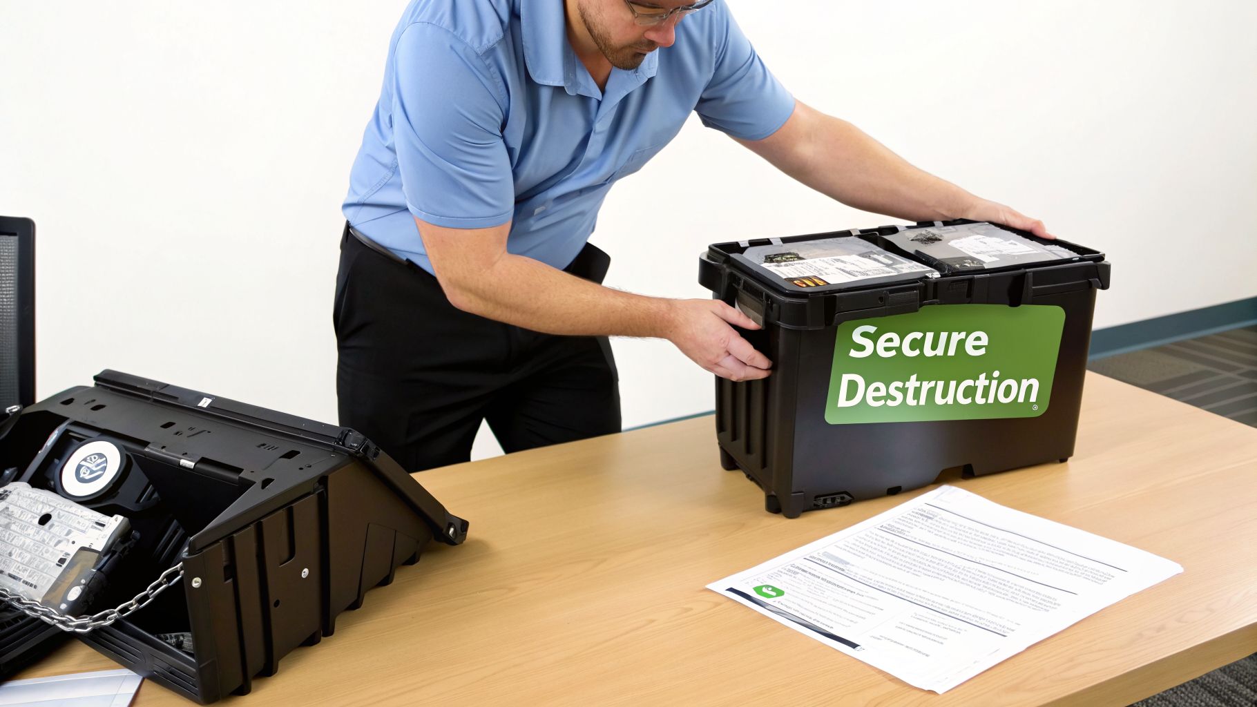 Man placing a secure destruction container with hard drives onto a wooden table.