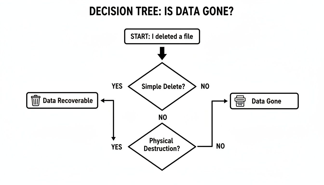 A decision tree flowchart titled 'Is Data Gone?' illustrating data recoverability based on deletion type.
