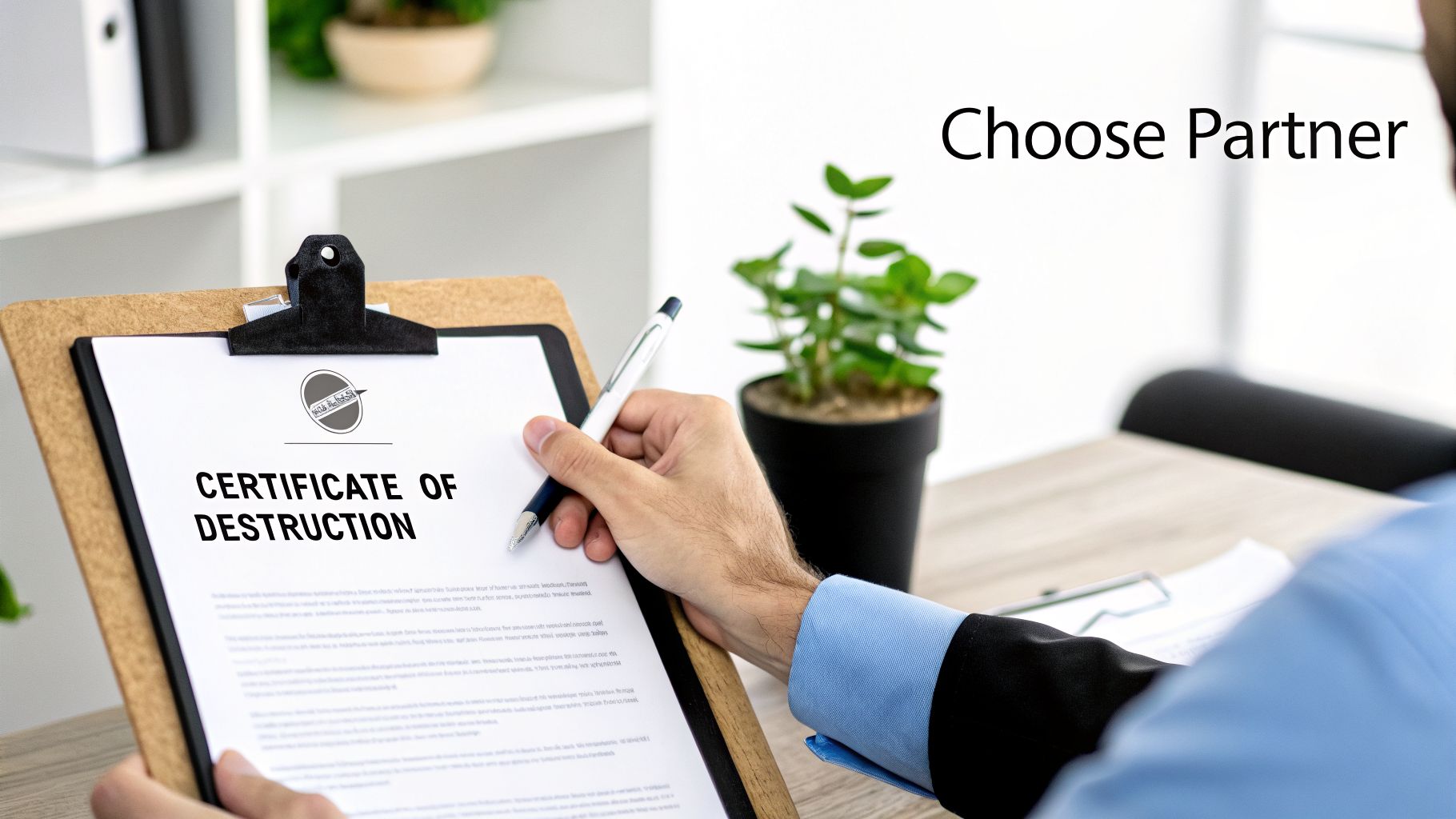 A person holds a 'Certificate of Destruction' document on a clipboard, preparing to sign in an office.