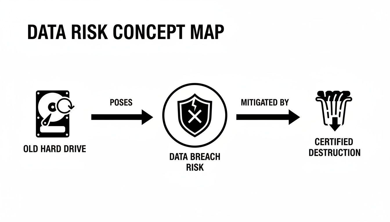 Concept map illustrating data risk from old hard drives, mitigated by certified destruction services.