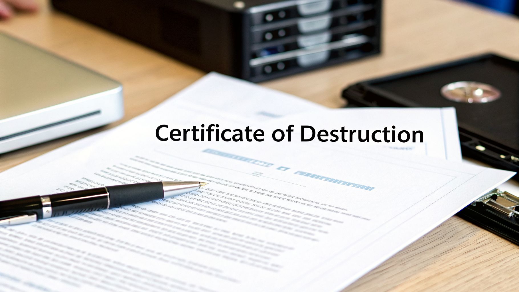 A Certificate of Destruction document on a wooden desk with a pen, laptop, and server equipment.