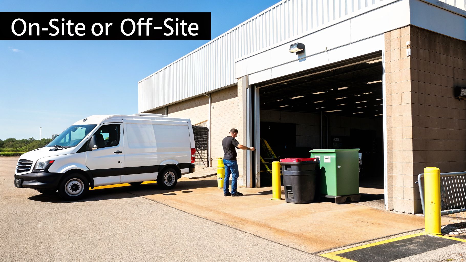 A man stands next to a white service van outside a building's loading bay with recycling bins.