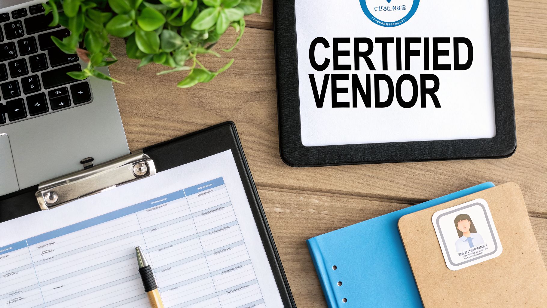 A flat lay of a business desk with a laptop, documents, pen, and a 'Certified Vendor' sign.
