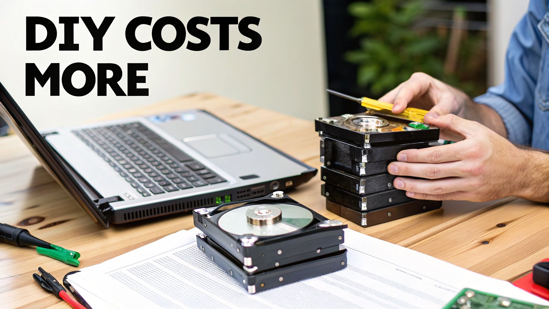 A person works on disassembling hard drives with tools and a laptop on a wooden desk.
