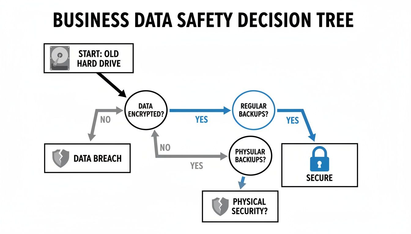 A business data safety decision tree flowchart starting with an old hard drive and outlining steps for data security.