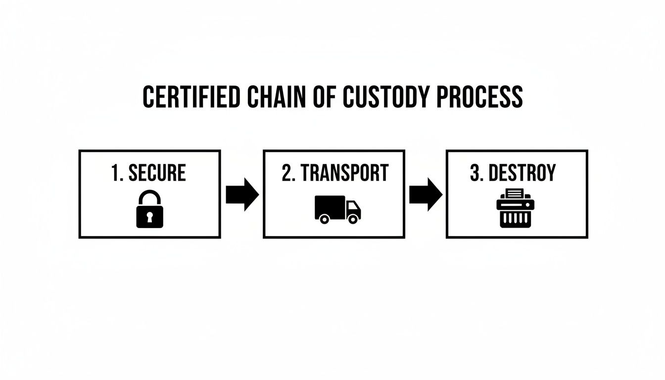 Diagram illustrating a certified chain of custody process with three steps: secure, transport, and destroy.