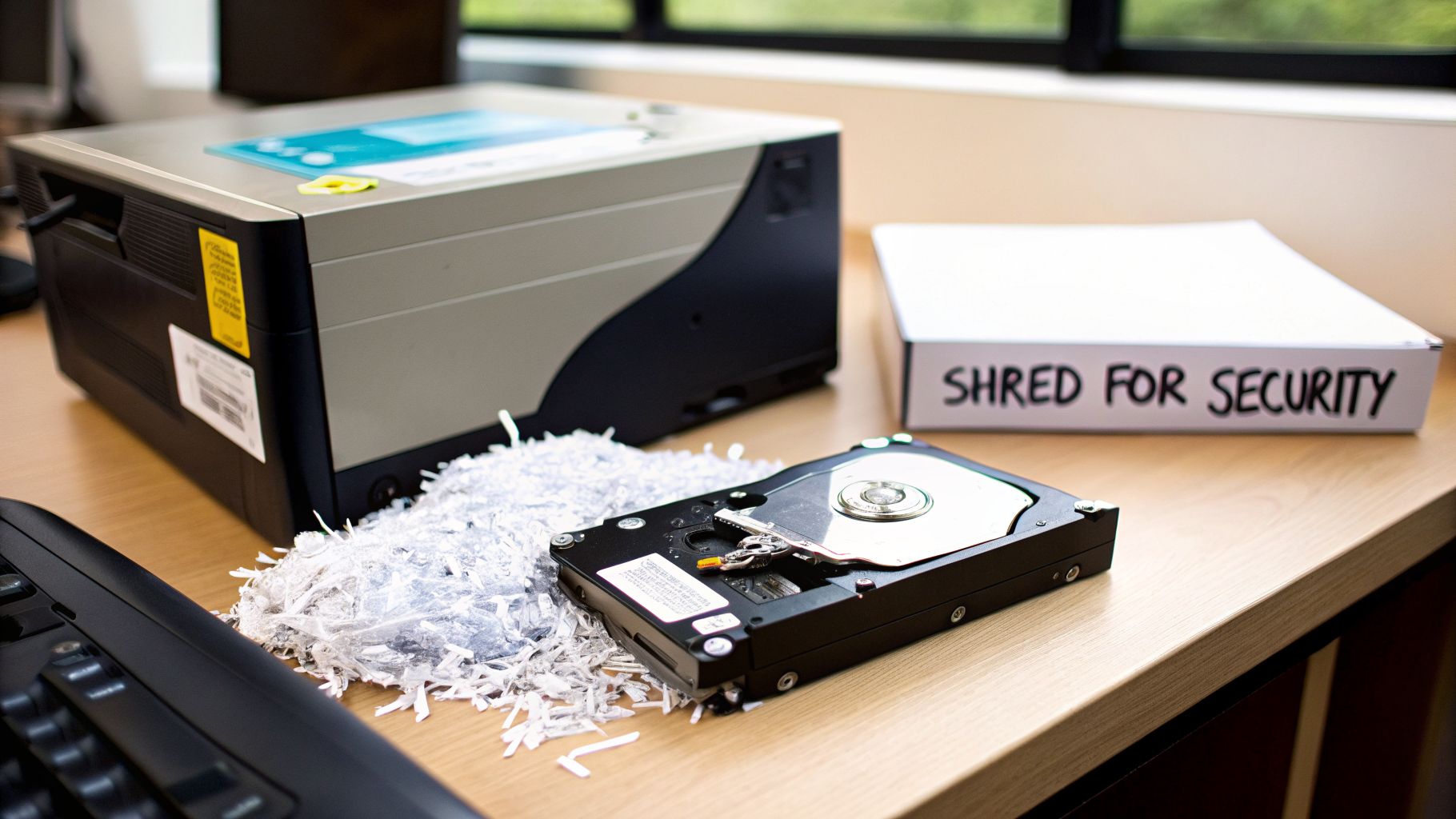 A desk with a paper shredder, shredded documents, an exposed hard drive, and a 'SHRED FOR SECURITY' box.