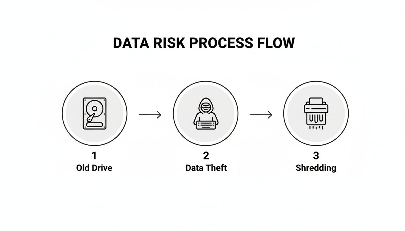 Infographic depicting a data risk process flow: old drive, data theft, and shredding steps.