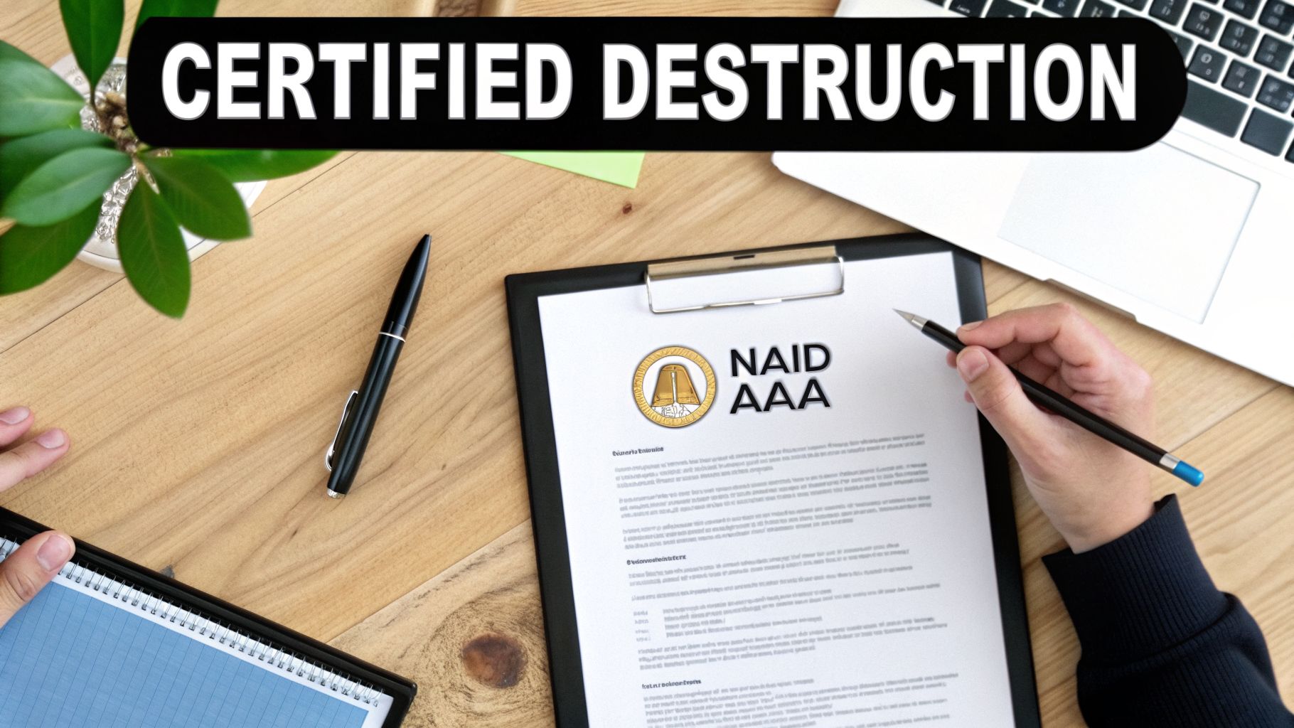Hand signing a document with 'NAID AAA' logo and 'CERTIFIED DESTRUCTION' banner on a wooden desk.
