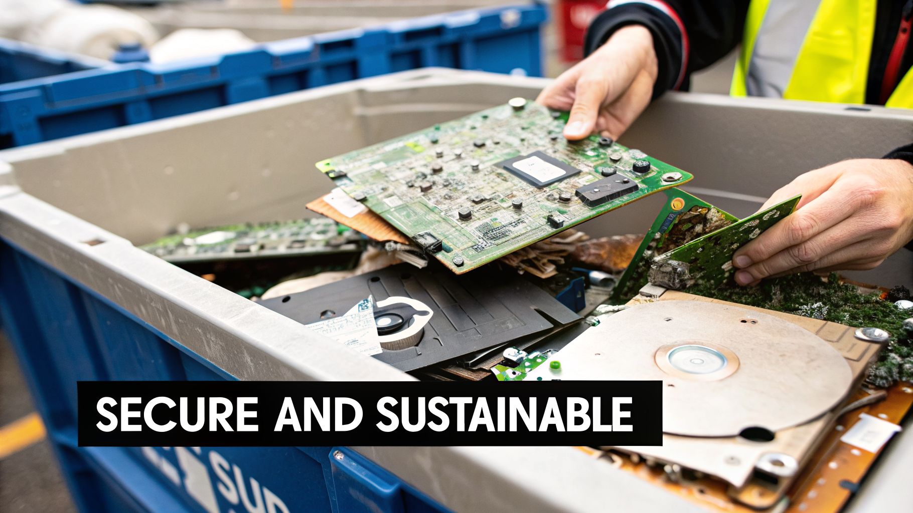 Hands sorting circuit boards and hard drives into a bin for secure and sustainable e-waste recycling.