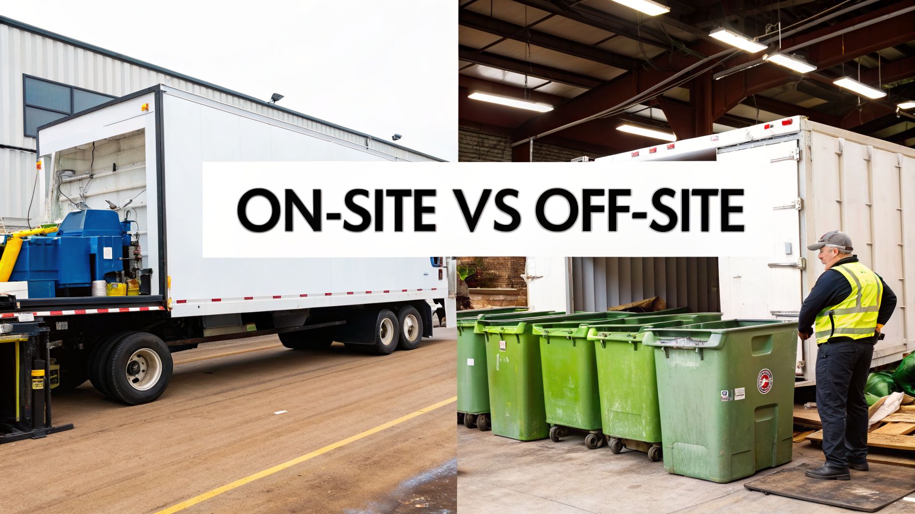 Split image comparing on-site shredding service with a mobile truck and off-site waste collection bins.