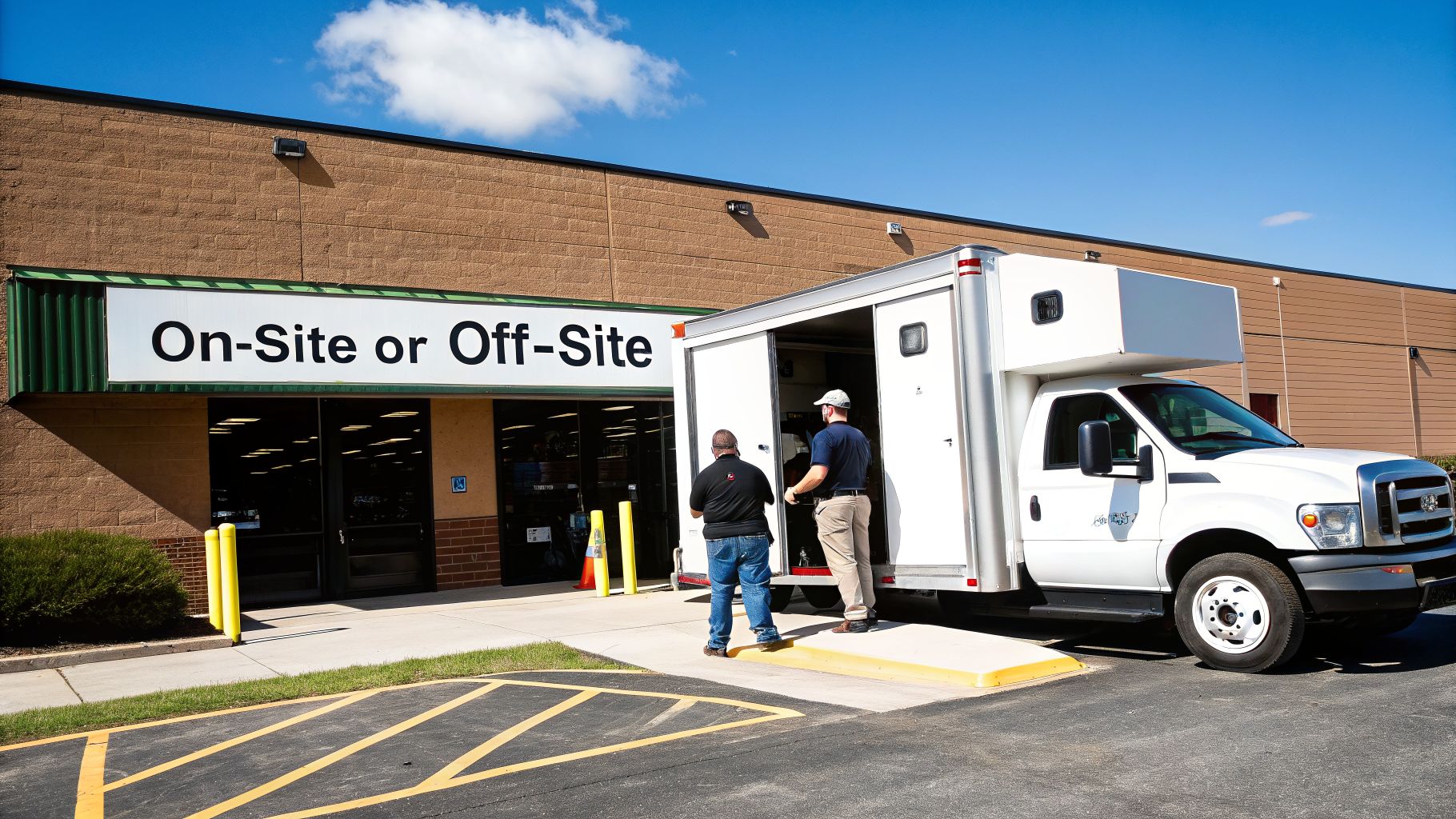 Two men loading a white service truck outside a building with an 'On-Site or Off-Site' sign.