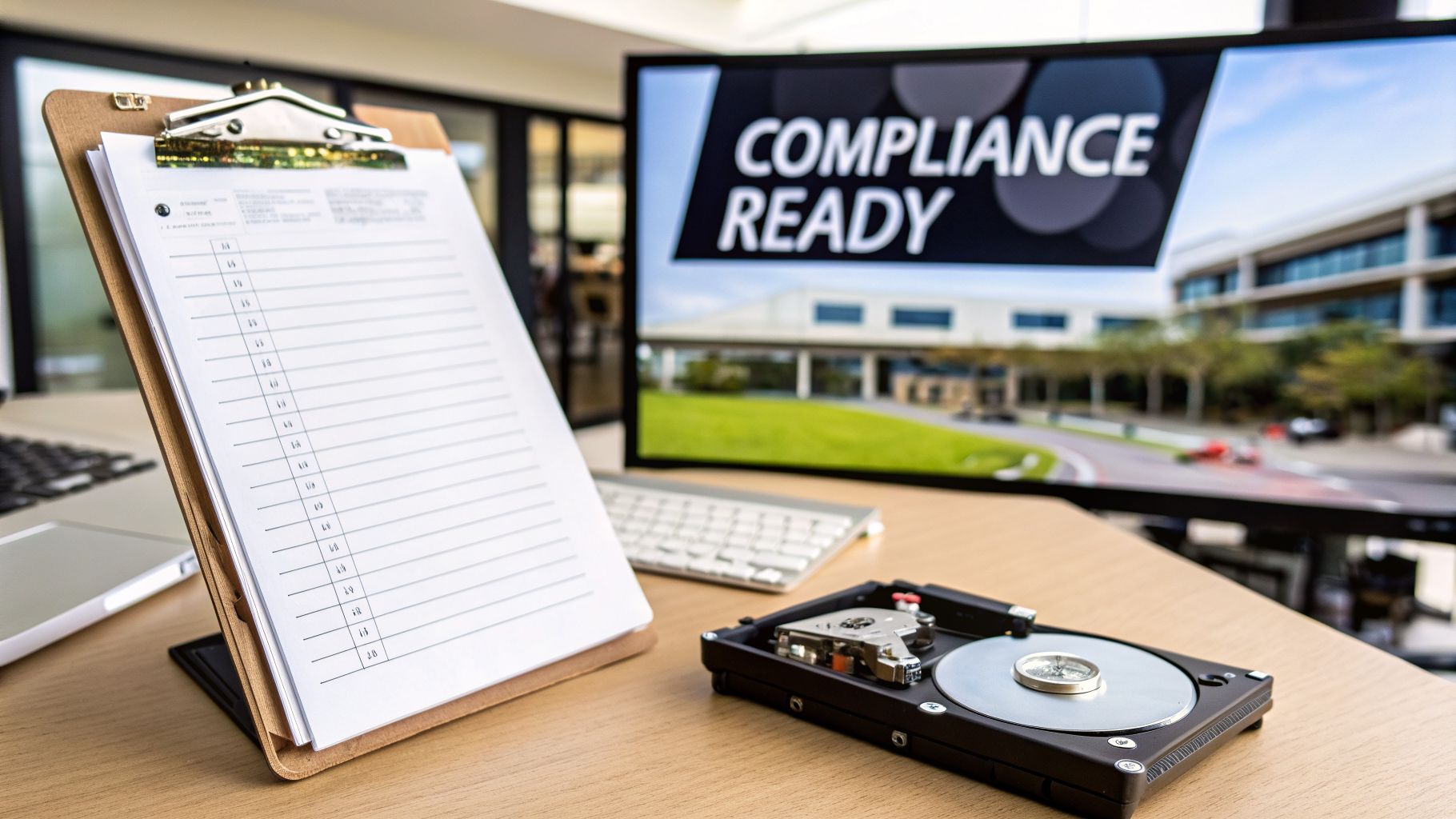 A desk with a clipboard, laptop, open hard drive, and a monitor showing "COMPLIANCE READY".
