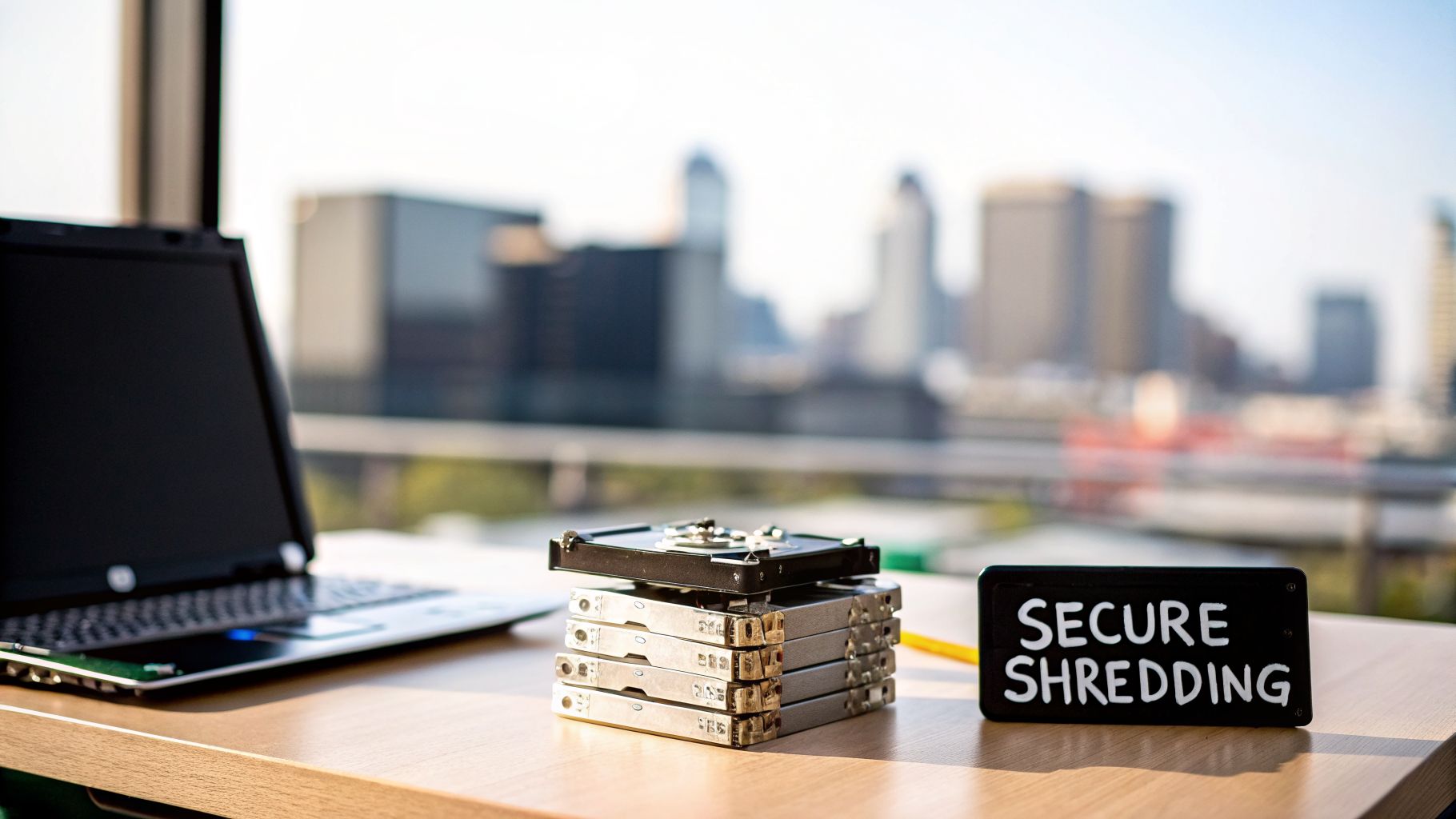 A laptop, stack of hard drives, and a 'SECURE SHREDDING' sign on a desk with a city view.