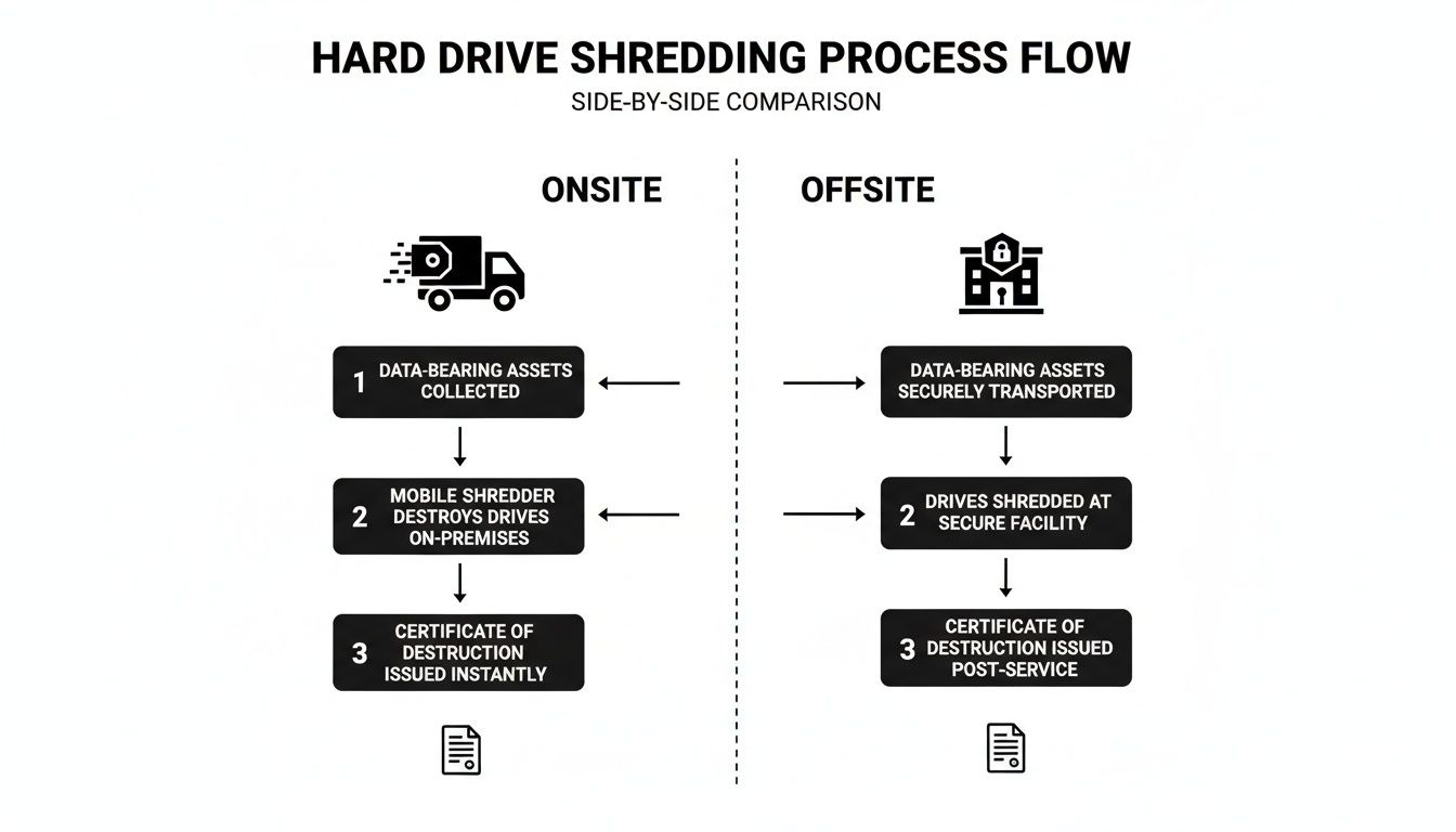 Comparison of onsite and offsite hard drive shredding processes, showing steps from collection to certificate of destruction.