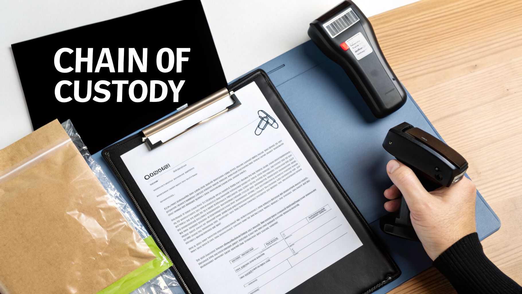 A person uses a barcode scanner near a 'CHAIN OF CUSTODY' sign, documents, and a sealed bag.