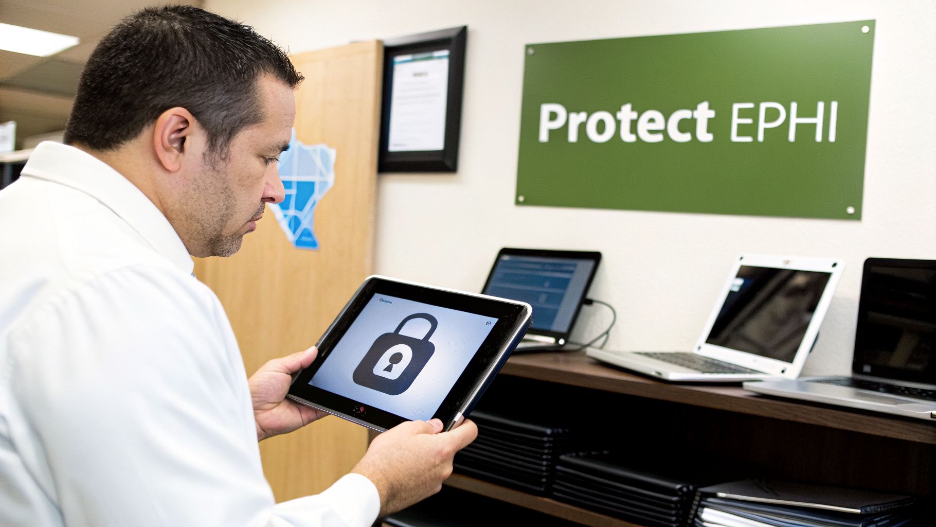 A man holds a tablet showing a lock icon, with a 'Protect EPHI' sign on the wall.