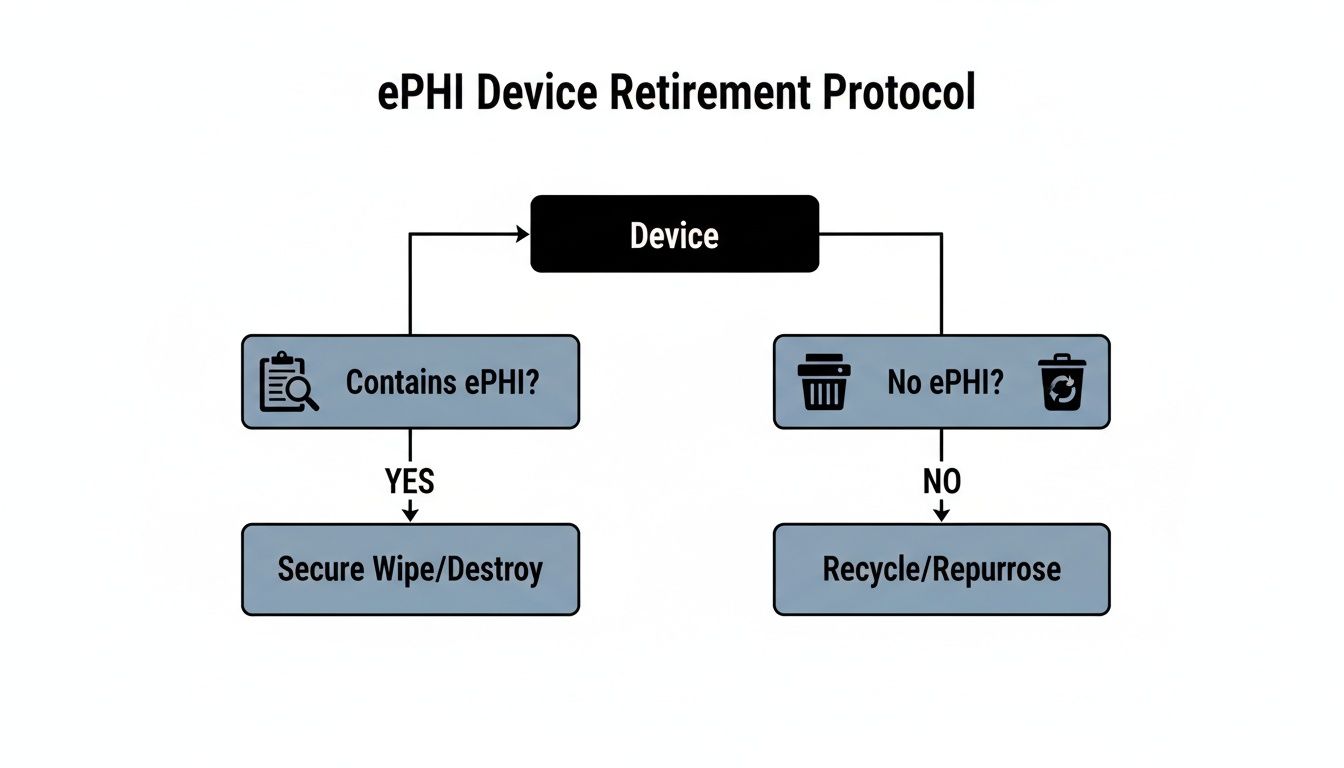 Flowchart illustrating the ePHI Device Retirement Protocol, guiding decisions for secure data handling.