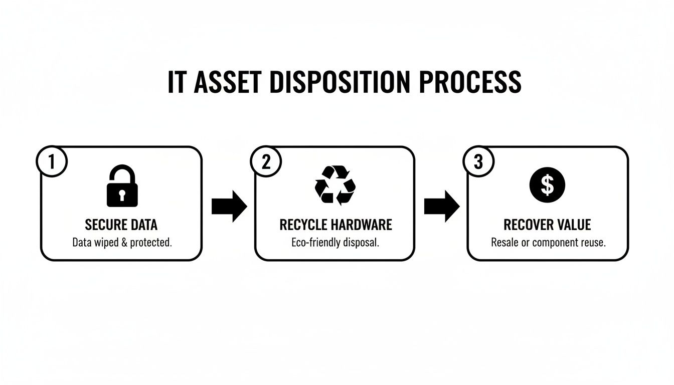 An infographic detailing the 3-step IT asset disposition process: secure data, recycle hardware, and recover value.
