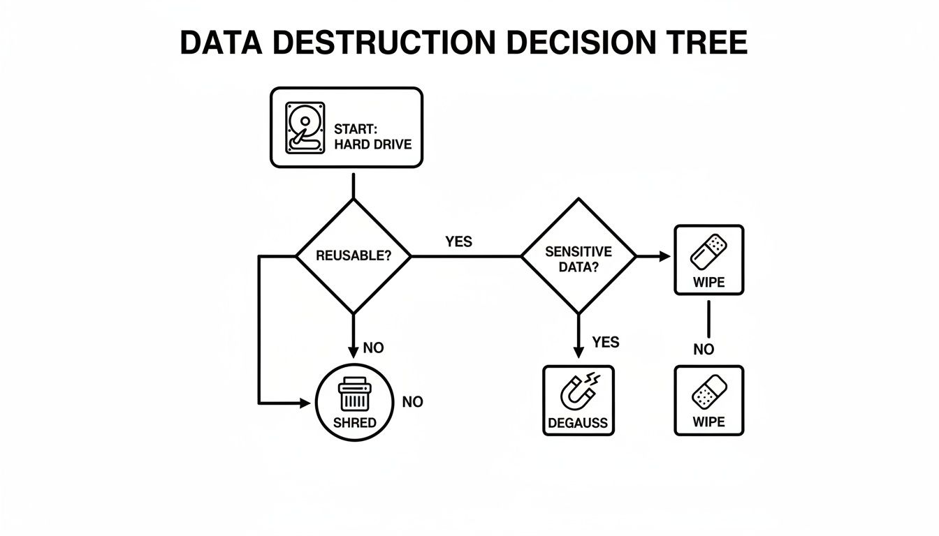 A data destruction decision tree flowchart for hard drives, showing paths for shredding, degaussing, and wiping.